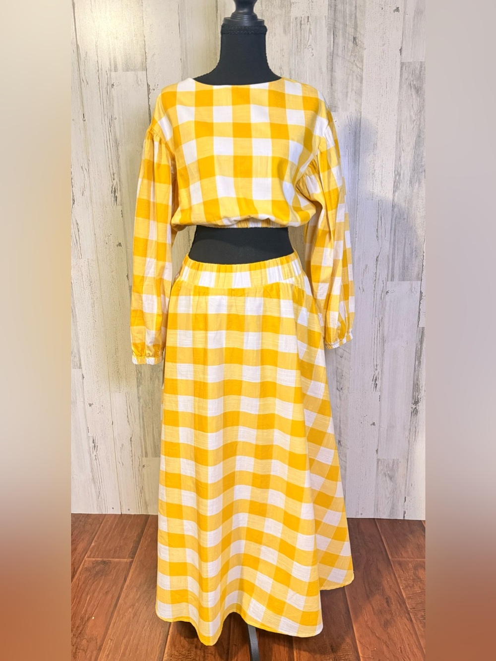 NWT SugarlipsYellow White Gingham Buffalo Plaid Crop Top & Maxi Skirt Set Size S - Picture 2 of 12